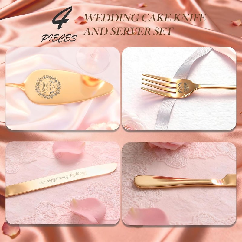 kingump 4 Piece Wedding Cake Cutting Set, Knife and Server with Forks, Elegant Wedding Cake Knife and Server Set for Bride and Groom(Gold) - Image 4